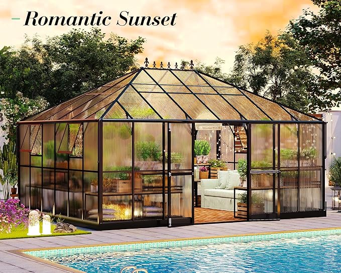 Jocisland 16x12x9.5 FT Polycarbonate Greenhouse- 6 FT Wall Height Outdoor Aluminum Greenhouses with