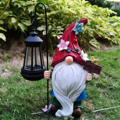 Solar Garden Gnomes Statue with Succulent and 4 LED Lights - Solar Lantern Gnomes Decorations for