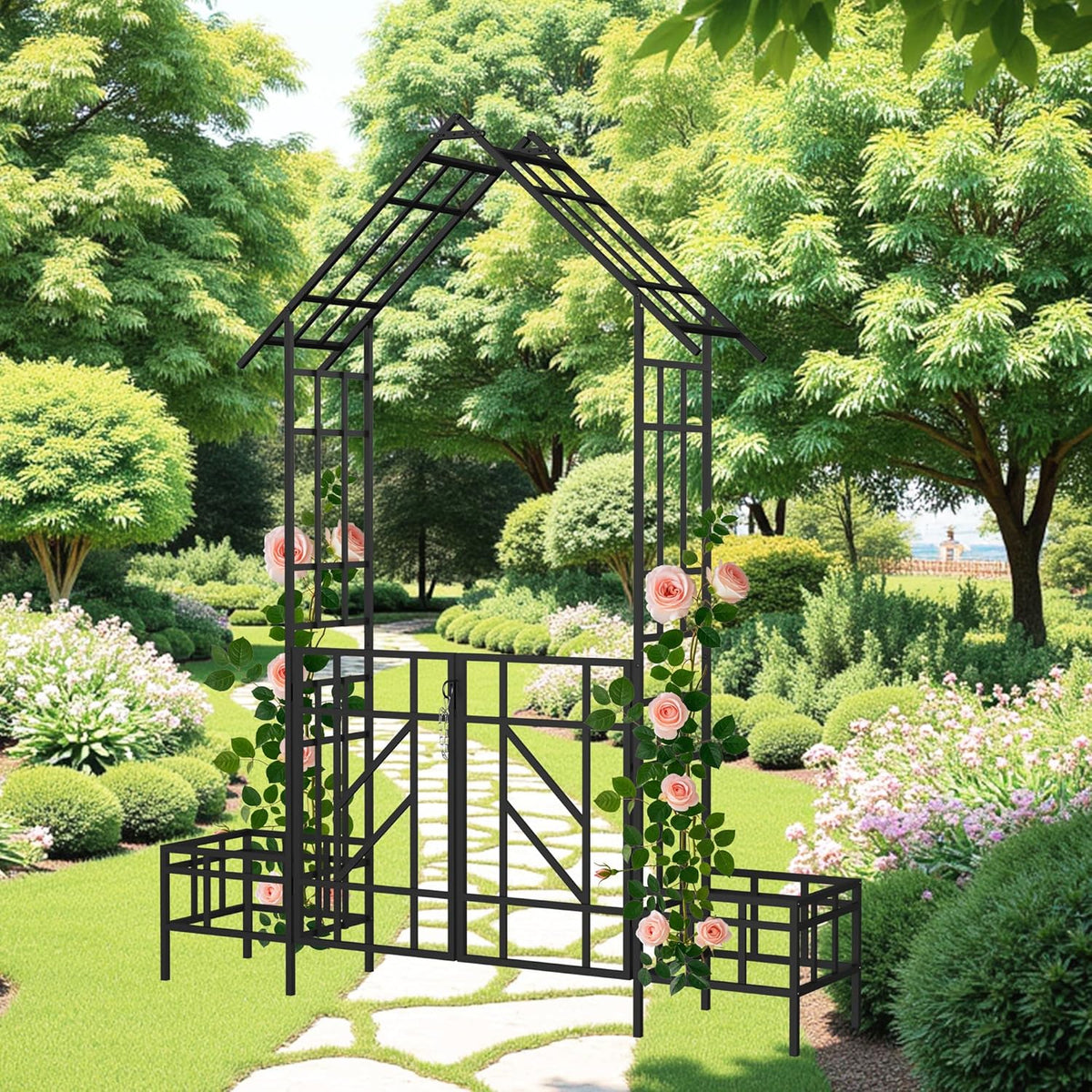 Metal Garden Arbor Arch with Gate and Plant Box, 97“ H Garden Trellis Wedding Arch Party Decoration