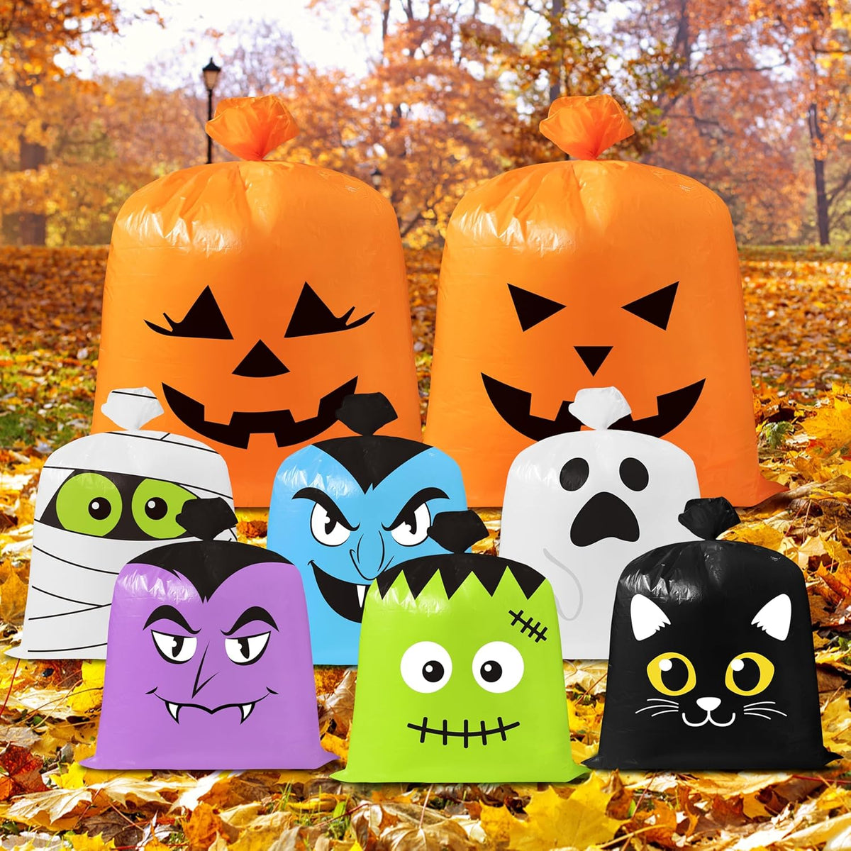 CNhoqc Halloween Lawn Leaf Bags - 8Pcs Halloween Theme Pumpkin Black Cat Ghost Mummy Patterns Waste