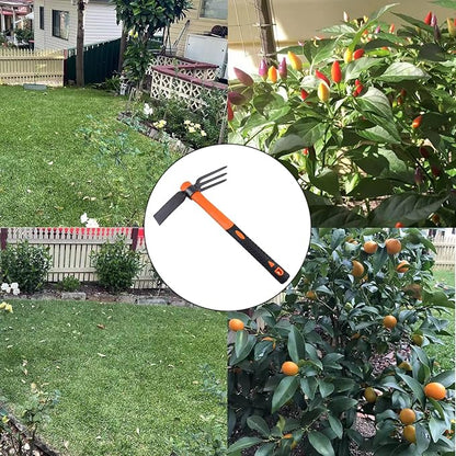 3 Sprongs Dual Head Rake Hoe with Heavy Duty Forged Adze and Ergonomic Non-Slip Handle for