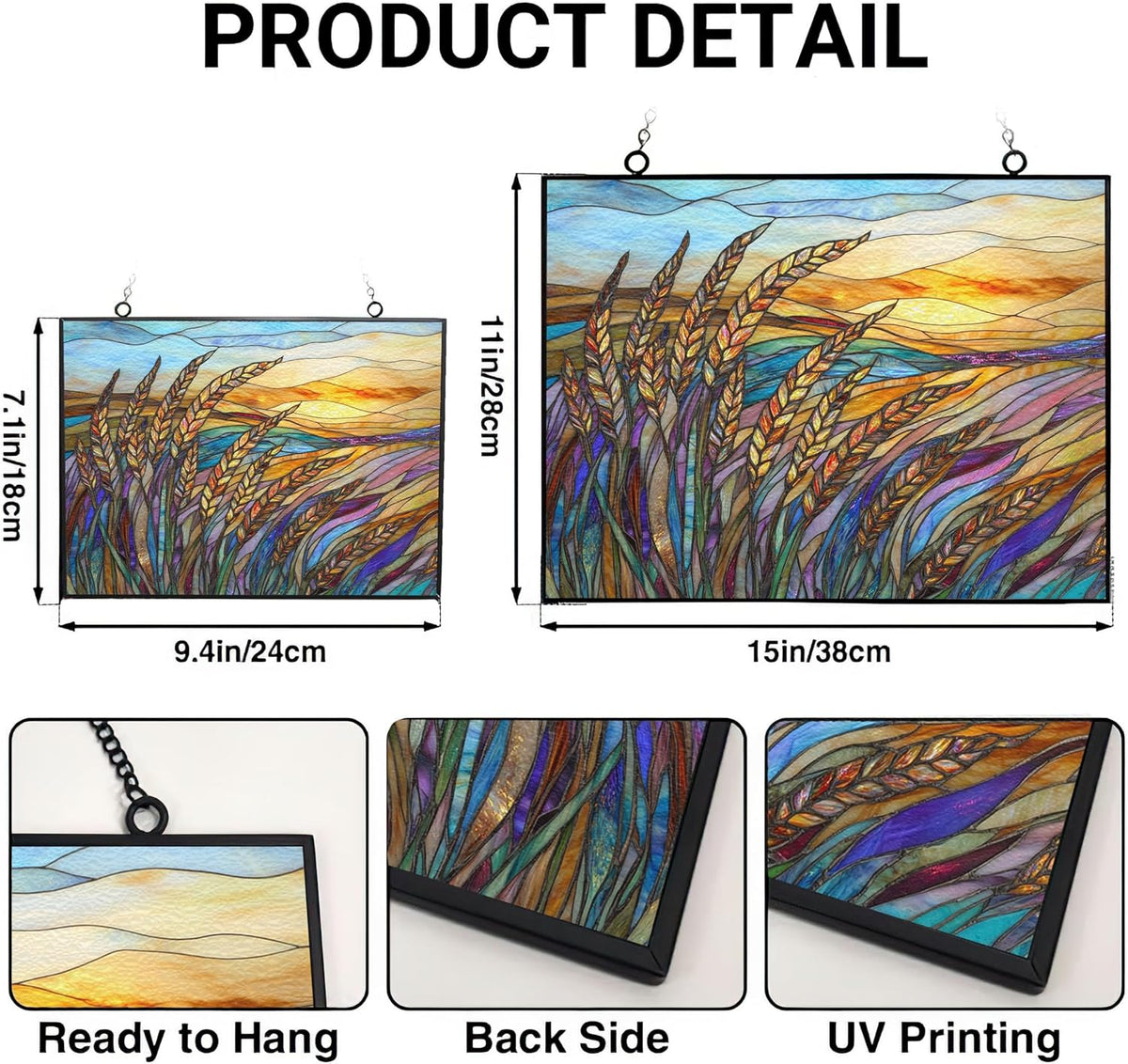 Personalized Rectangle Art Nouveau Swaying Wheat Field Stained Glass Window Hanging, Stained Glass
