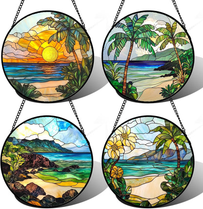 Stained Glass Window Hanging 4 Pcs Set Blue Ocean Coconut Tree Scenery 6.3" - Suncatcher Door