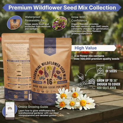 Organo Republic 16 Perennial Wildflower Seeds Mix for Indoor & Outdoors. 100,000+ Non-GMO, Heirloom