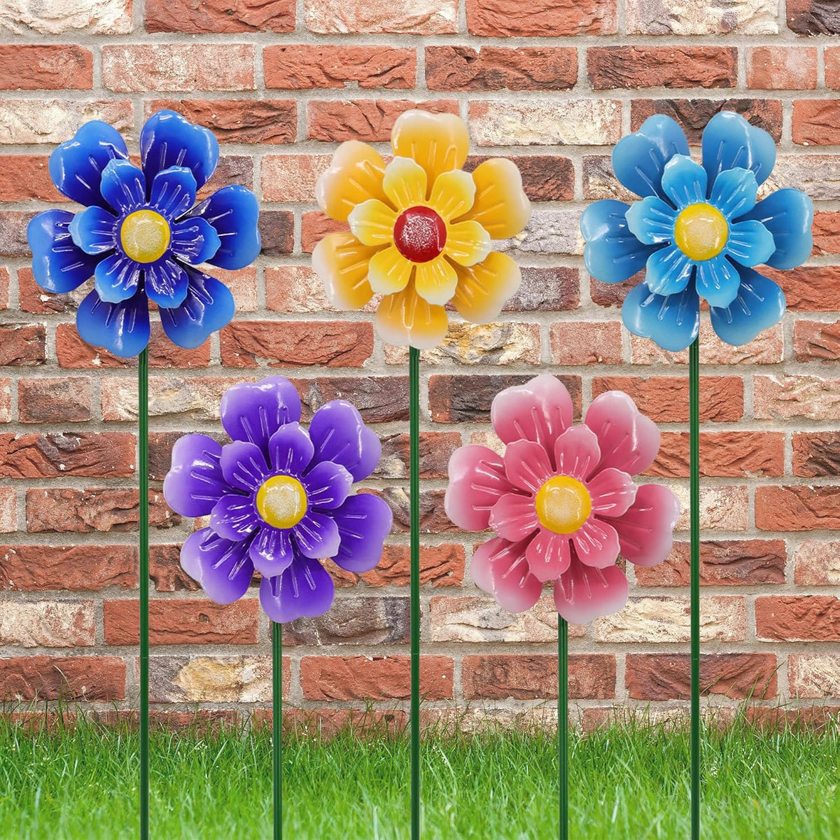 Metal Flower Wind Spinner Garden Lawn Stakes Yard Art, 27 Inch Windmill Outdoor Garden Iron