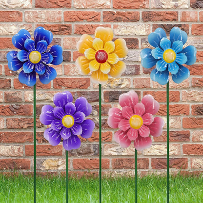 Metal Flower Wind Spinner Garden Lawn Stakes Yard Art, 27 Inch Windmill Outdoor Garden Iron