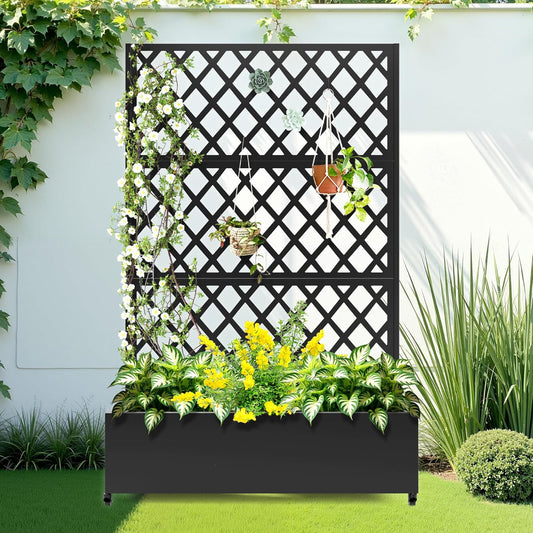 Metal Raised Garden Bed with Trellis and Wheels, 2 in 1 Trellis with Planter Box & Privacy Screen