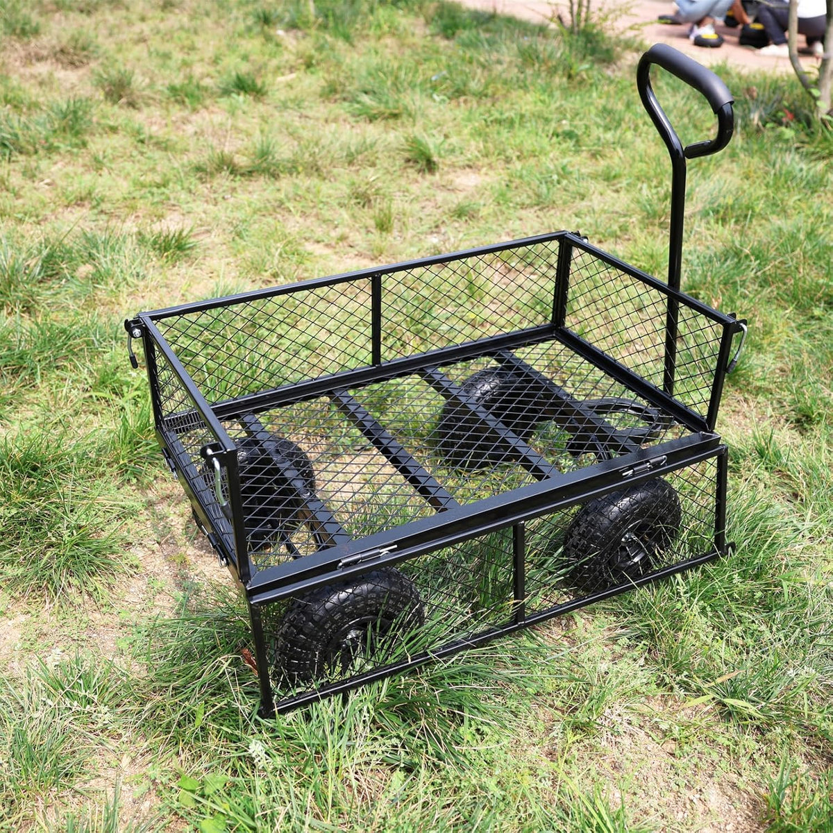 Wagon With Removable Sides for Farms, Warehouses - Garden Dump Cart With Air Wheels (Black)