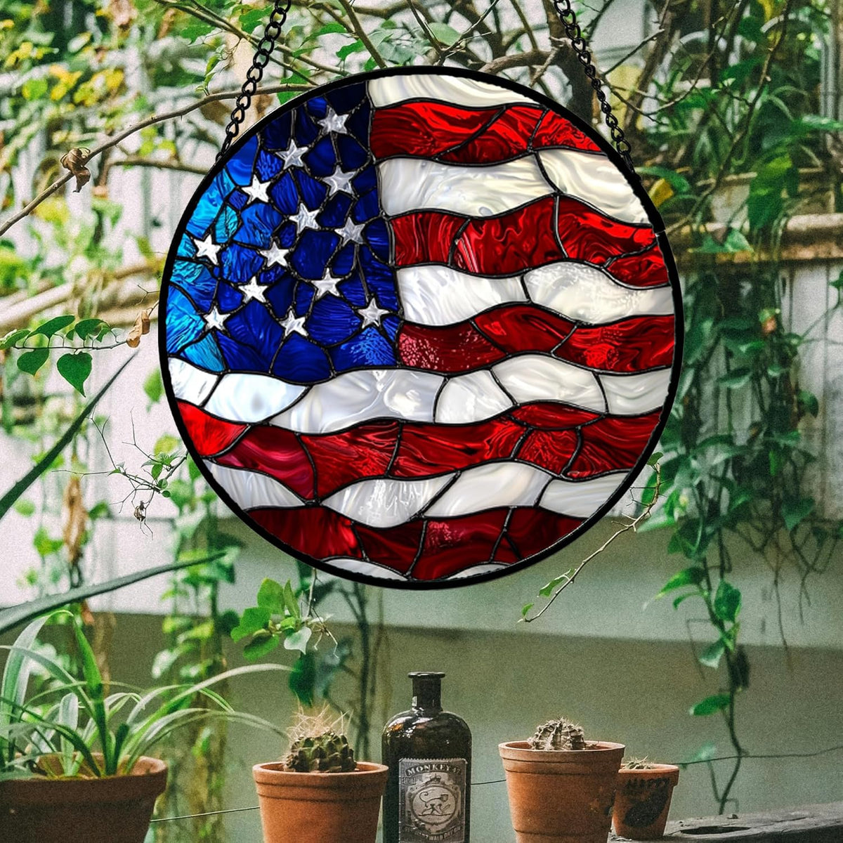 Stained Glass Window Hanging, Blue, White Red National Flag Pattern Sun Catchers Diamond Glass