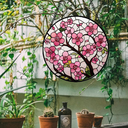 Stained Glass Window Hanging - Cherry Blossoms Birth Flower Suncatcher for Door Garden Patio Sun
