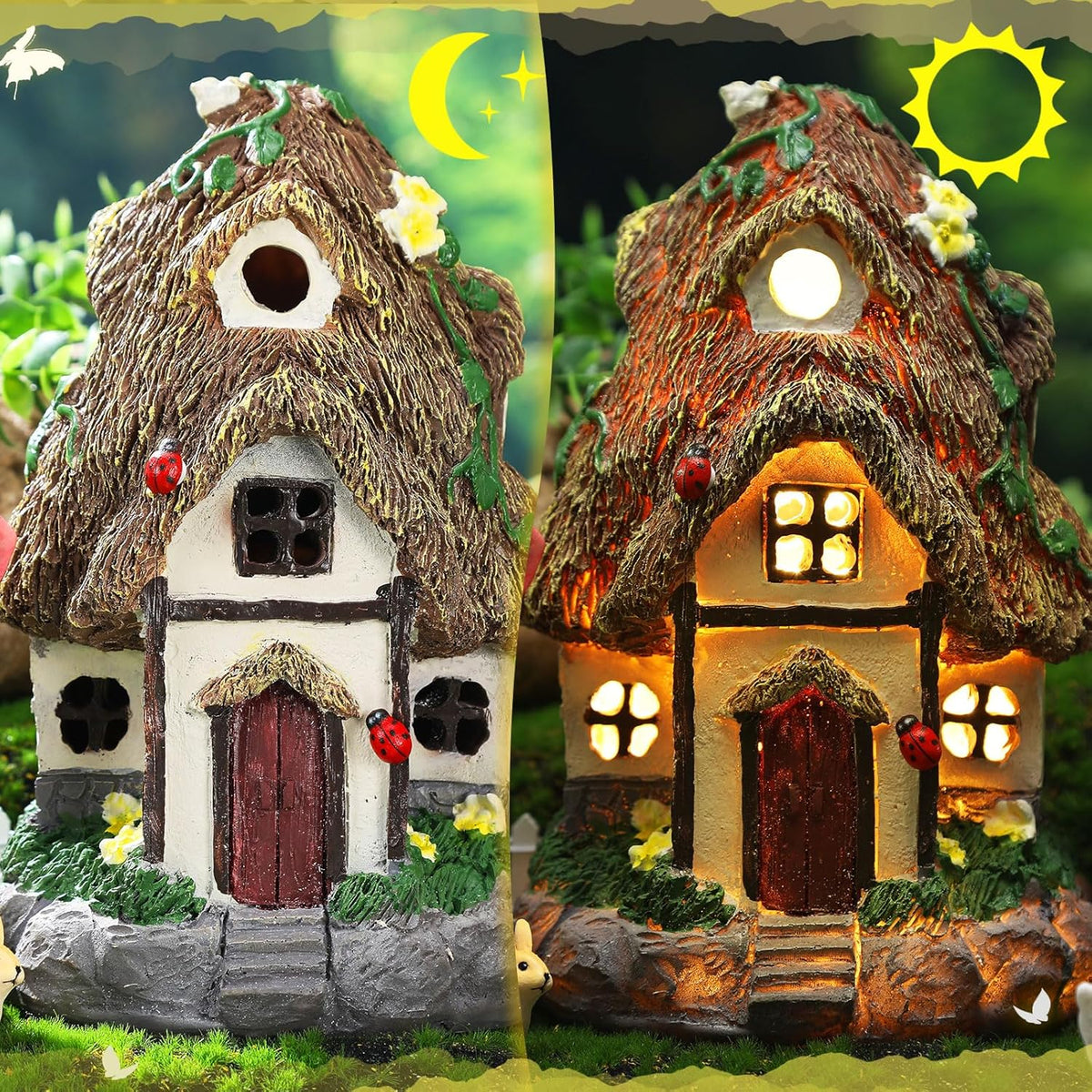 Leyndo 28 Pcs Solar House Garden Accessories Fairy Light up Fairy Figures Garden Kit Resin