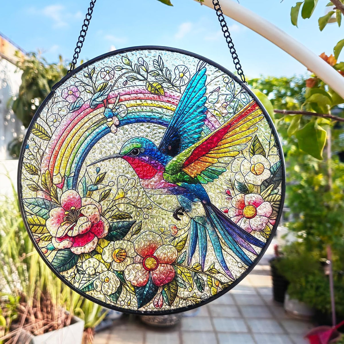 Hummingbird Suncatcher Stained Glass Window Hanging Original Design of 7.8''Hummingbirds Rainbow