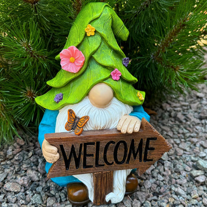 Mood Lab Garden Gnome - Solar Gnome Figurine with Welcome Sign - 9.1 Inch Decor Outdoor Lawn Statue