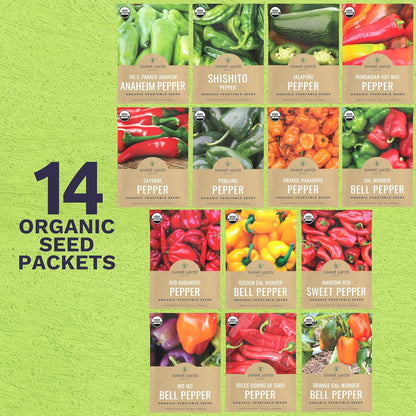 Organic Pepper Seeds (Sweet and Hot) Variety Pack - 14 Individual Packs - 2025 Season - Cayenne