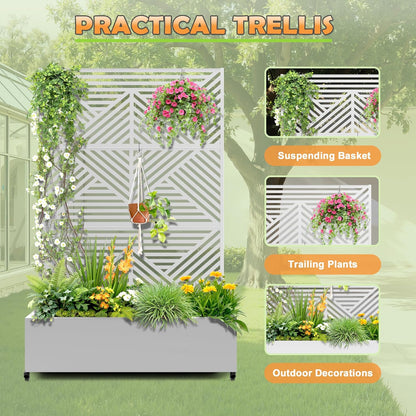 Metal Raised Garden Bed with Trellis, 2-in-1 Planter Box & Privacy Screen for Climbing Plants