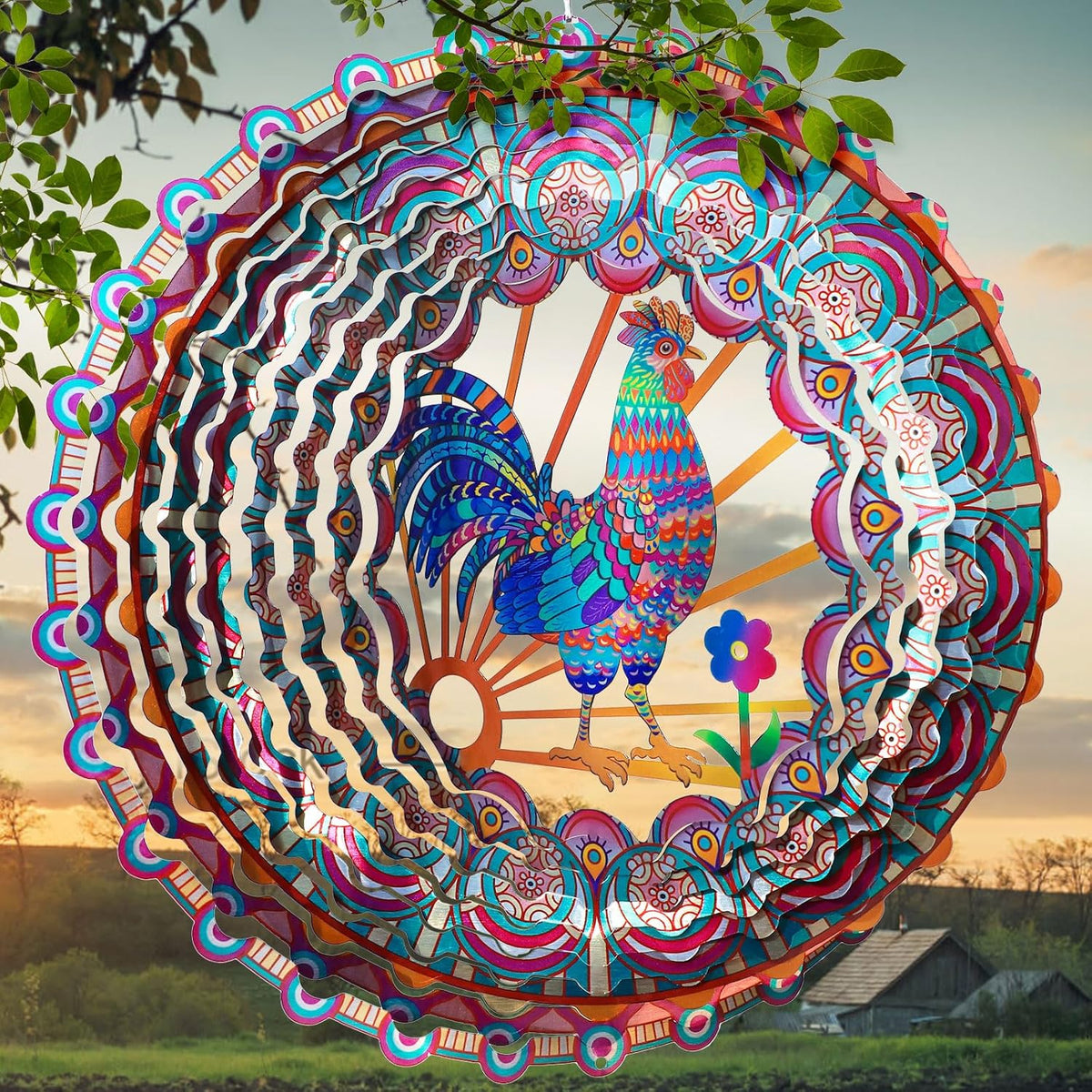 Rooster Wind Spinner - 3D Kinetic Chicken Wind Spinners | 12-Inch Rustproof Metal Hanging
