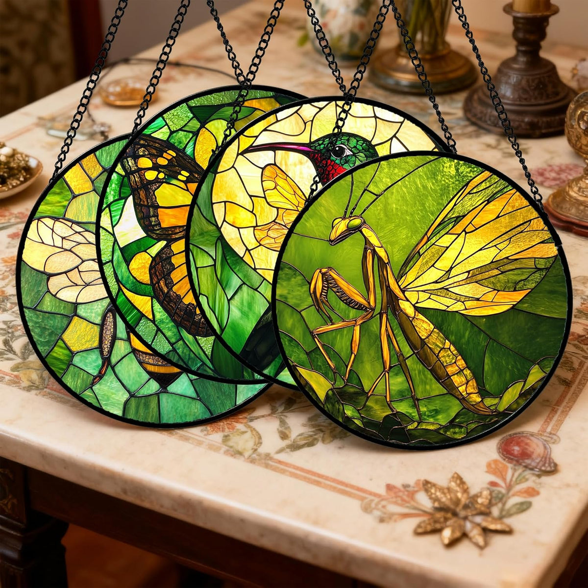 Stained Glass Window Hanging 4 Pcs Set Green Plants Yellow Insect Theme 6.3" - Suncatcher Door