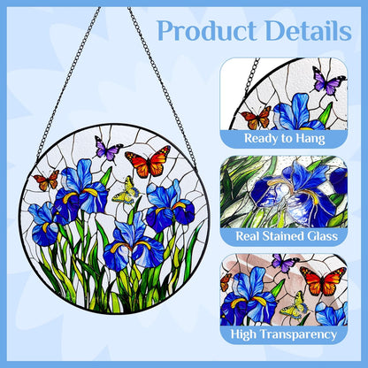 Stained Glass Window Hanging Iris Flower Suncatcher, Renyalora 10 Inch Round Glass Sun Catcher for