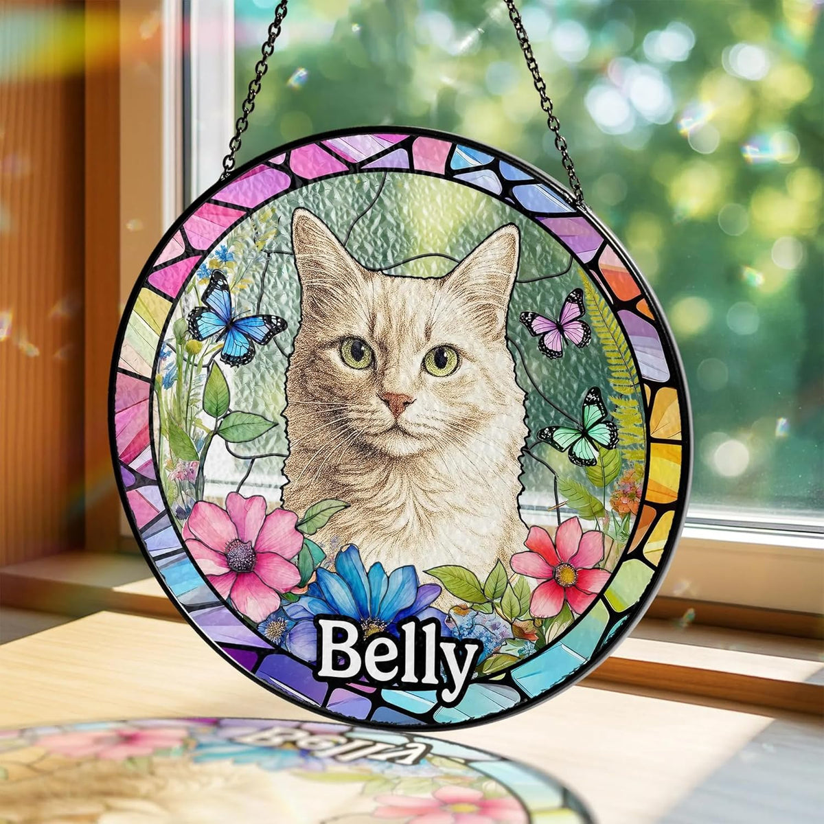 Custom Dog Portrait Suncatcher, Personalized Pet Memorial Window Hanging, Stained Glass Style Pet