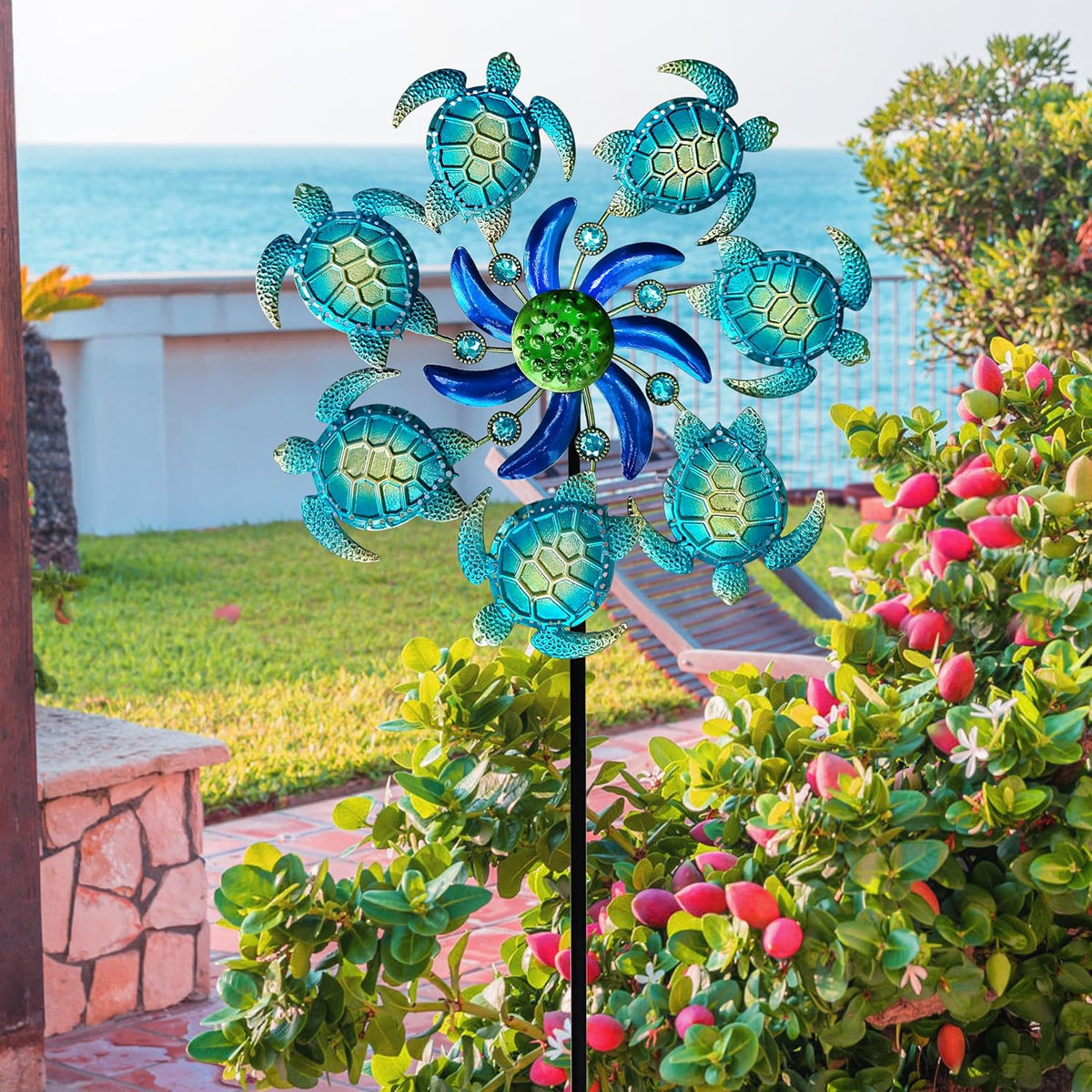39" Sea Turtle Wind Spinners Garden Stake-Ocean Theme Outdoor Decorations- Metal Stake Yard