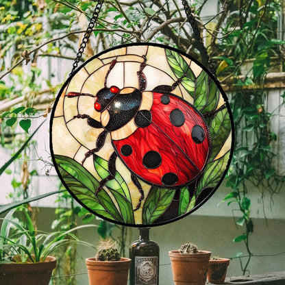 Stained Glass Window Hanging - Red Seven-Spotted Ladybug Sun Catcher for Door Home Decor Insect
