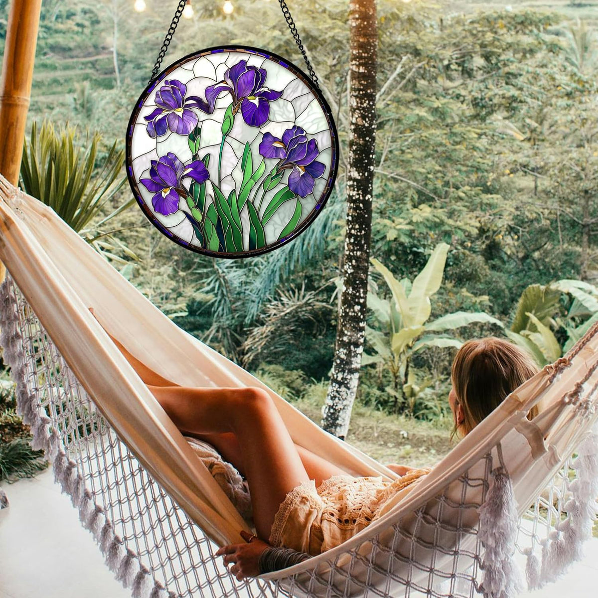 Stained Glass Window Hanging - Purple Iris Flower Sun Catcher for Door Terrace Garden Home Decor