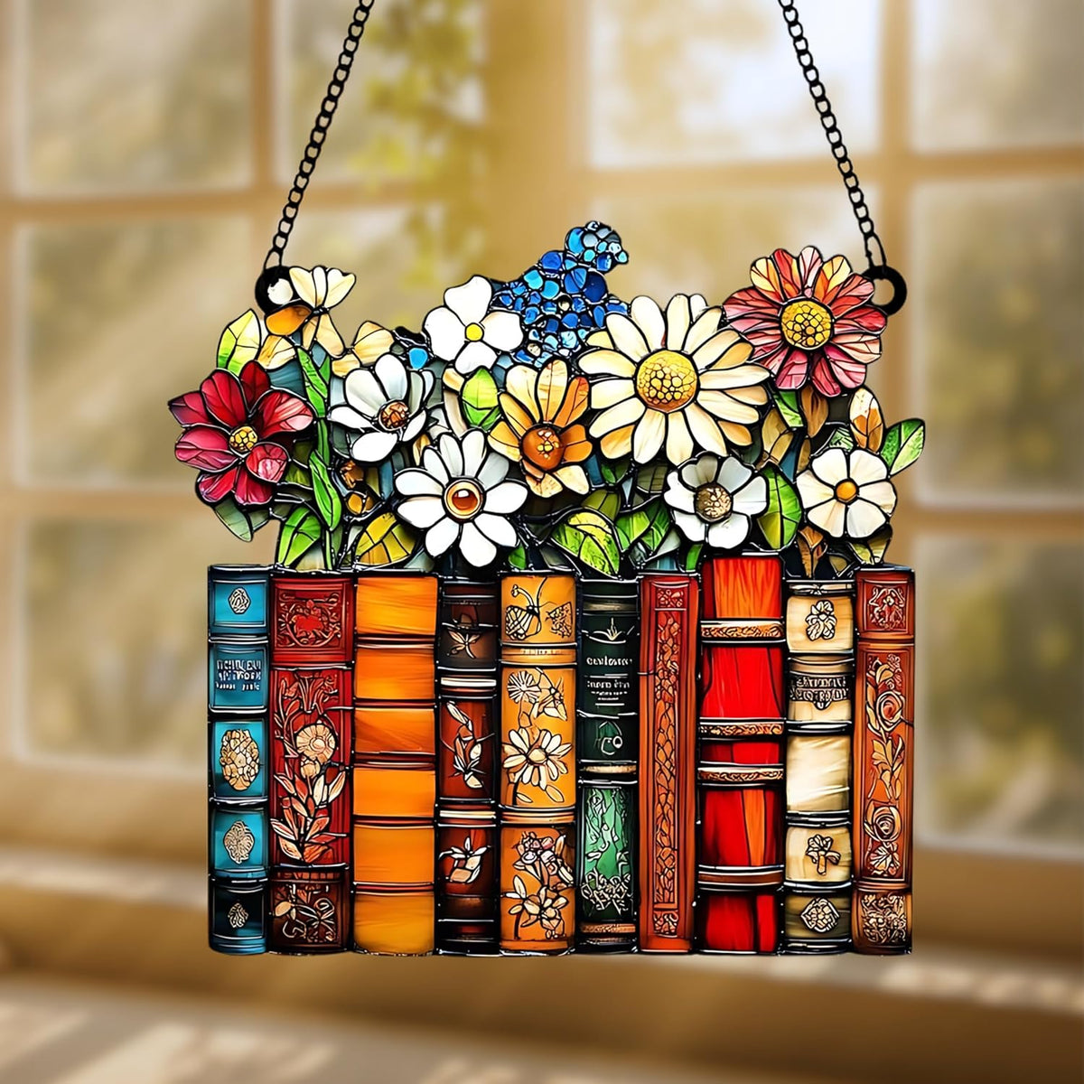 Floral Books Acrylic Suncatcher Stained Glass Effect Window Car Hanging Christmas Ornament Indoor