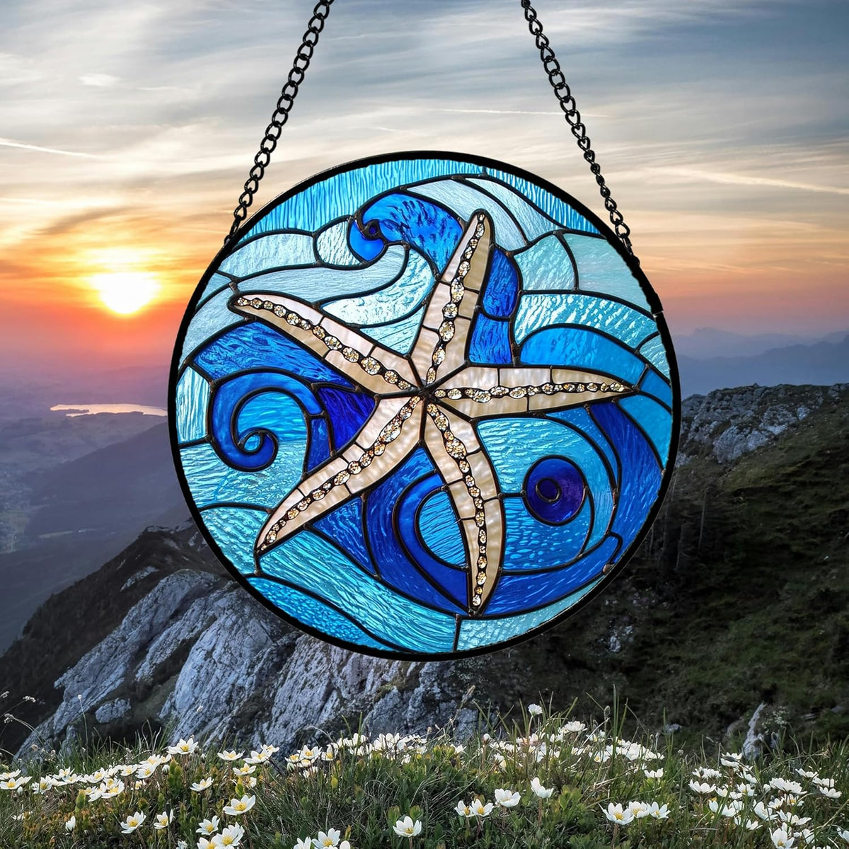 Stained Glass Window Hanging 4 Pcs Set Blue Ocean Waves 6.3" - Starfish Crab Seal Suncatcher Door