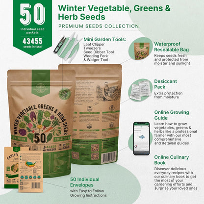 50 Winter Vegetable Garden Seeds Variety Pack - 43,450+ Non-GMO Heirloom Seeds for Outdoors &