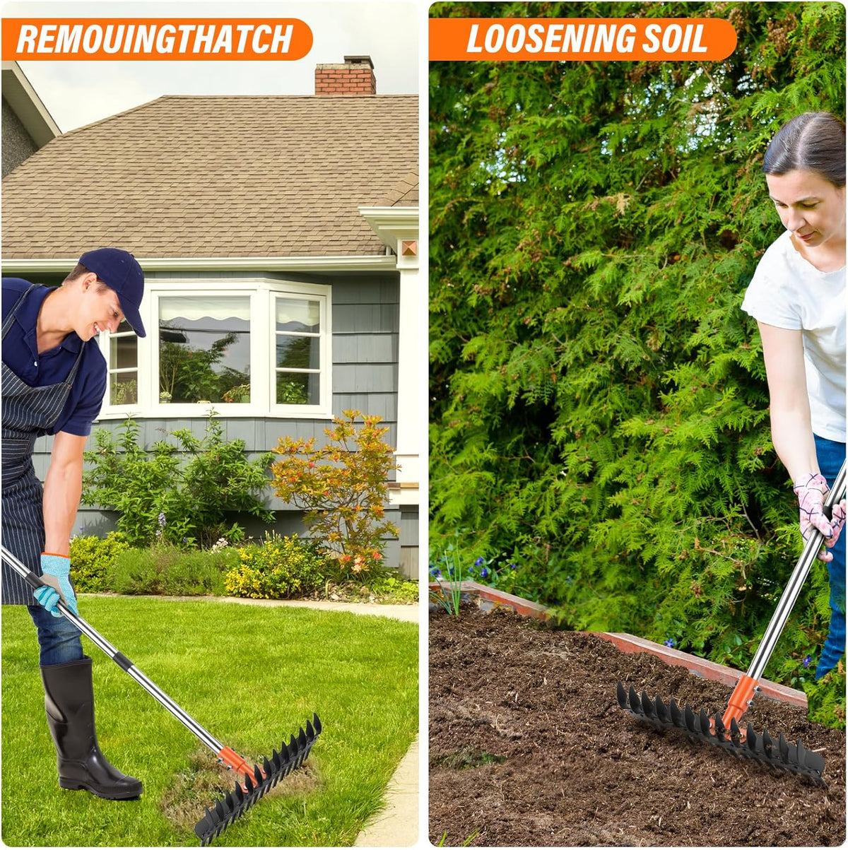 Garden Thatch Rake for Lawn, Heavy Duty Metal Thatching rake with Strong Handle, Wide 15inch Iron