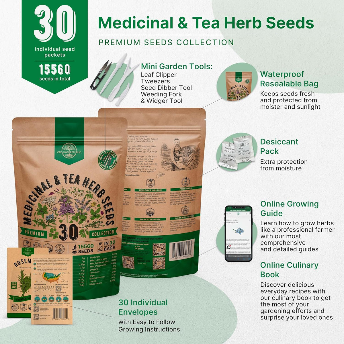 Organo Republic 30 Medicinal & Tea Herb Seeds Variety Pack 15,560+ Non-GMO Heirloom Garden Seeds