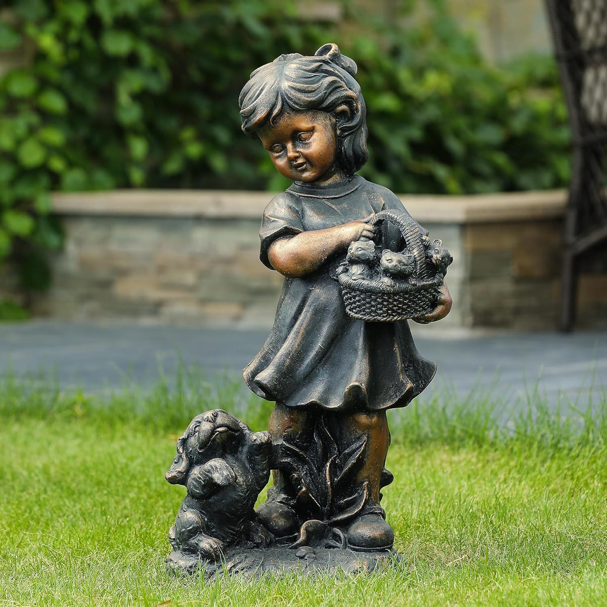 LuxenHome Garden Decor Statue,23" Fiber Stone Girl and Puppy Outdoor Statue, Bronze Garden
