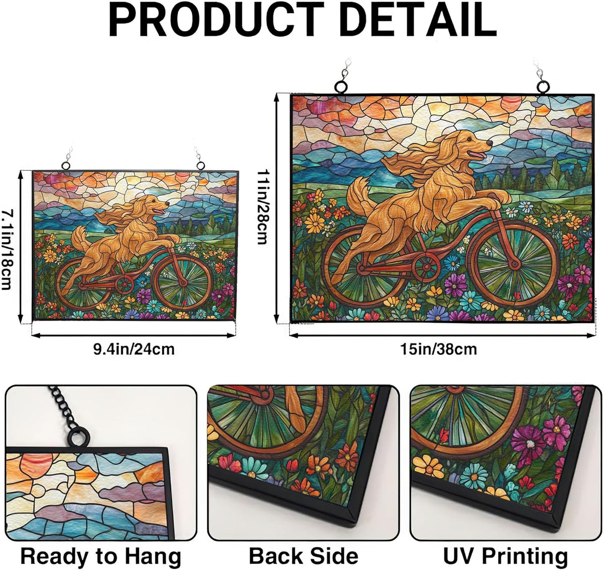 Personalized Rectangle Boho Golden Retriever Biking in Wildflowers Stained Glass Suncatcher Stained