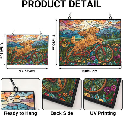 Personalized Rectangle Boho Golden Retriever Biking in Wildflowers Stained Glass Suncatcher Stained