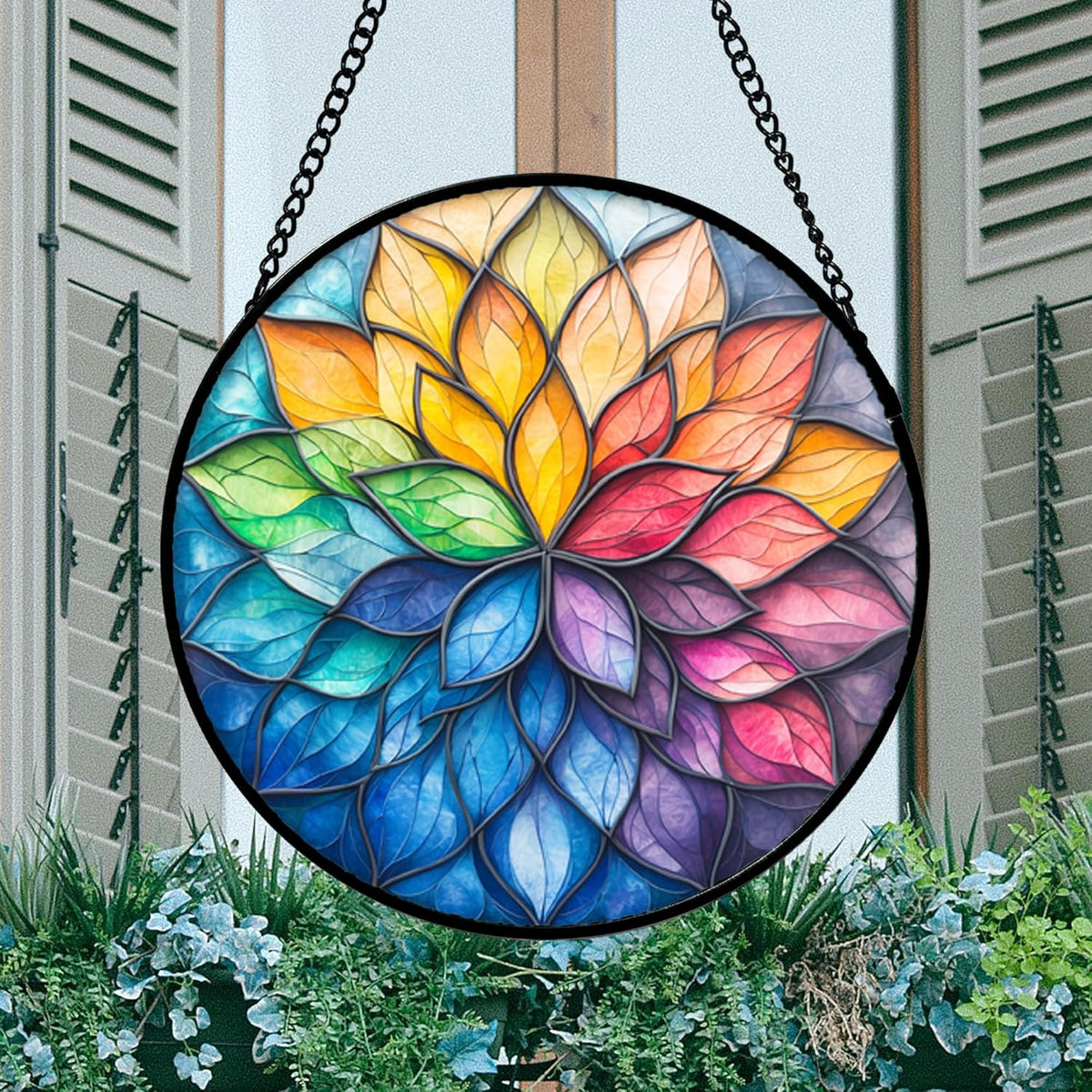 Stained Glass Window Hanging, Colorful Flower Petals Sun Catchers Diamond Glass Panel Hangings