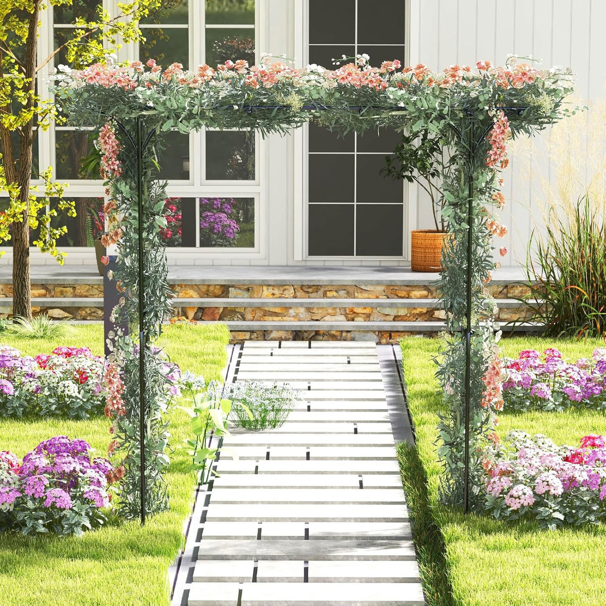 SAFSTAR 81-Inch Garden Arch, Metal Arbor Archway for Climbing Plants, Decorative Lawn Arbor