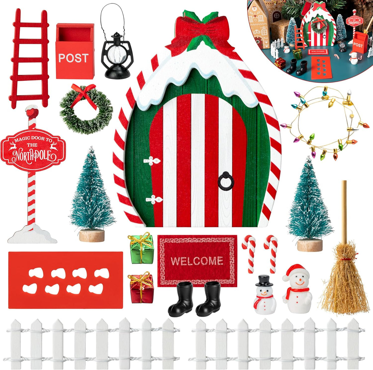 Haooryx 22Pcs Christmas Magic Wooden Miniature Fairy Doors Accessories, Christmas Elf Magic Door