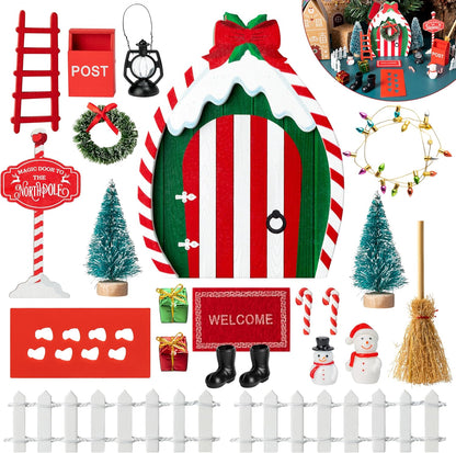 Haooryx 22Pcs Christmas Magic Wooden Miniature Fairy Doors Accessories, Christmas Elf Magic Door