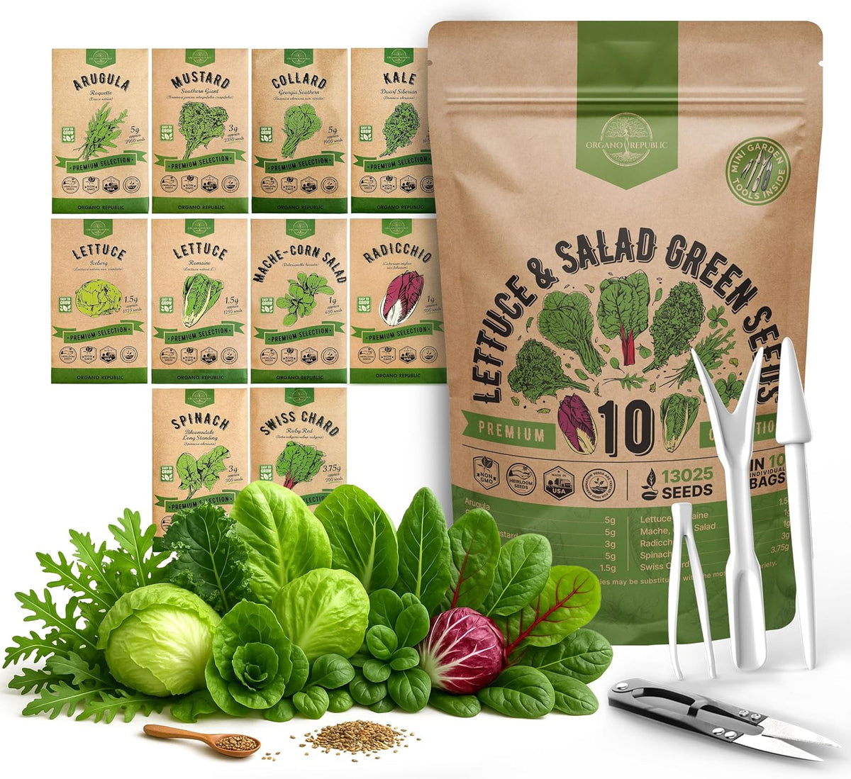 Organo Republic 10 Lettuce & Salad Greens Seeds Variety Pack 13000+ Non-GMO Heirloom Lettuce Seeds