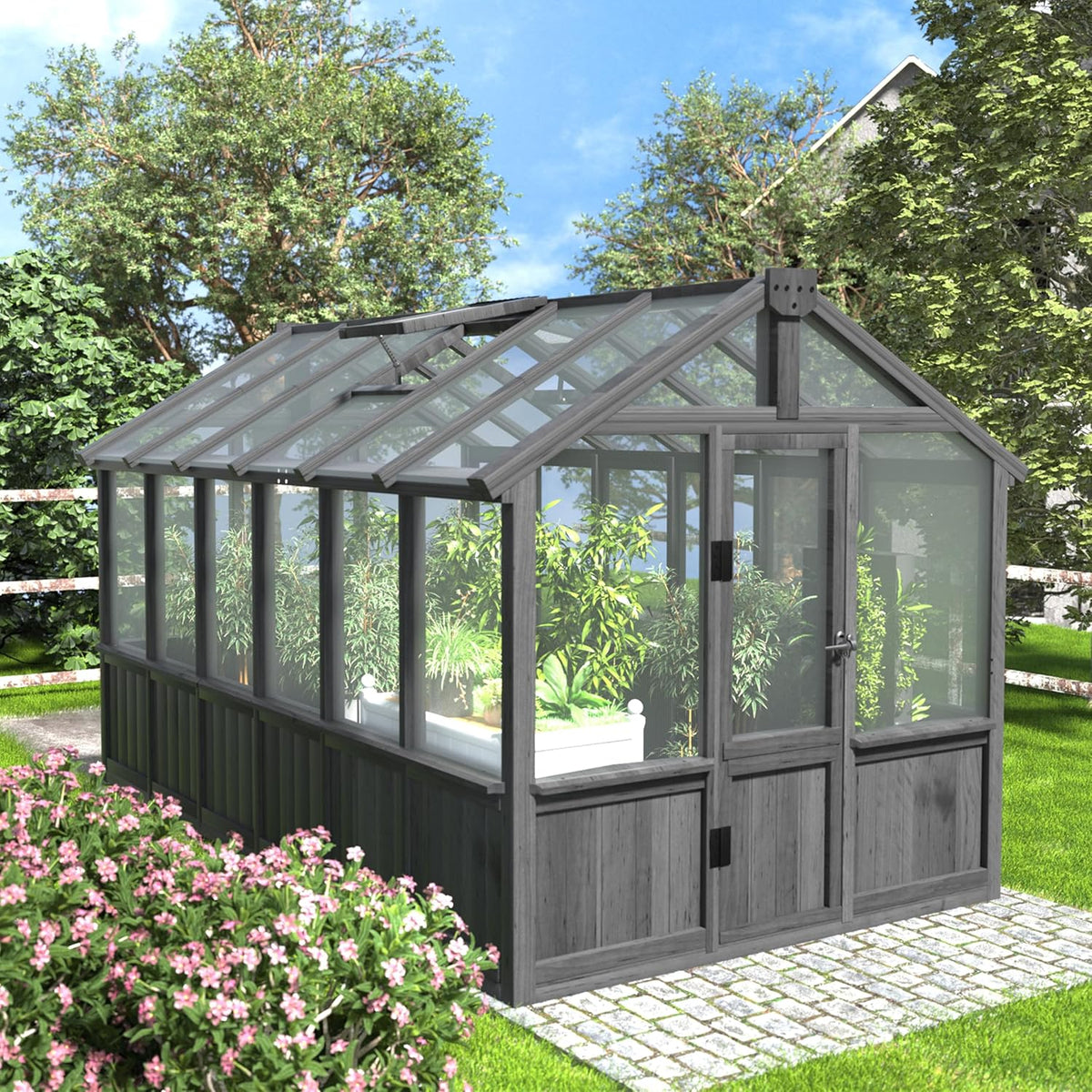 MUPATER 6' x 12' Walk-in Wooden Polycarbonate Greenhouse with Ventilated Window & Lockable Door