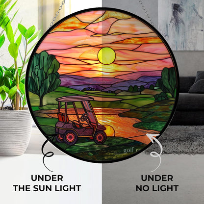 Golf Cart Suncatchers for Windows,6.3” Stained Glass Window Hangings,Hand-Painted Glass Panel