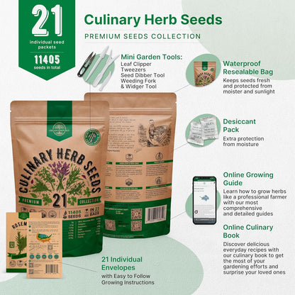 21 Culinary Herb Seeds Variety Pack - Heirloom, Non-GMO, Herb Seeds for Planting Outdoor and Indoor