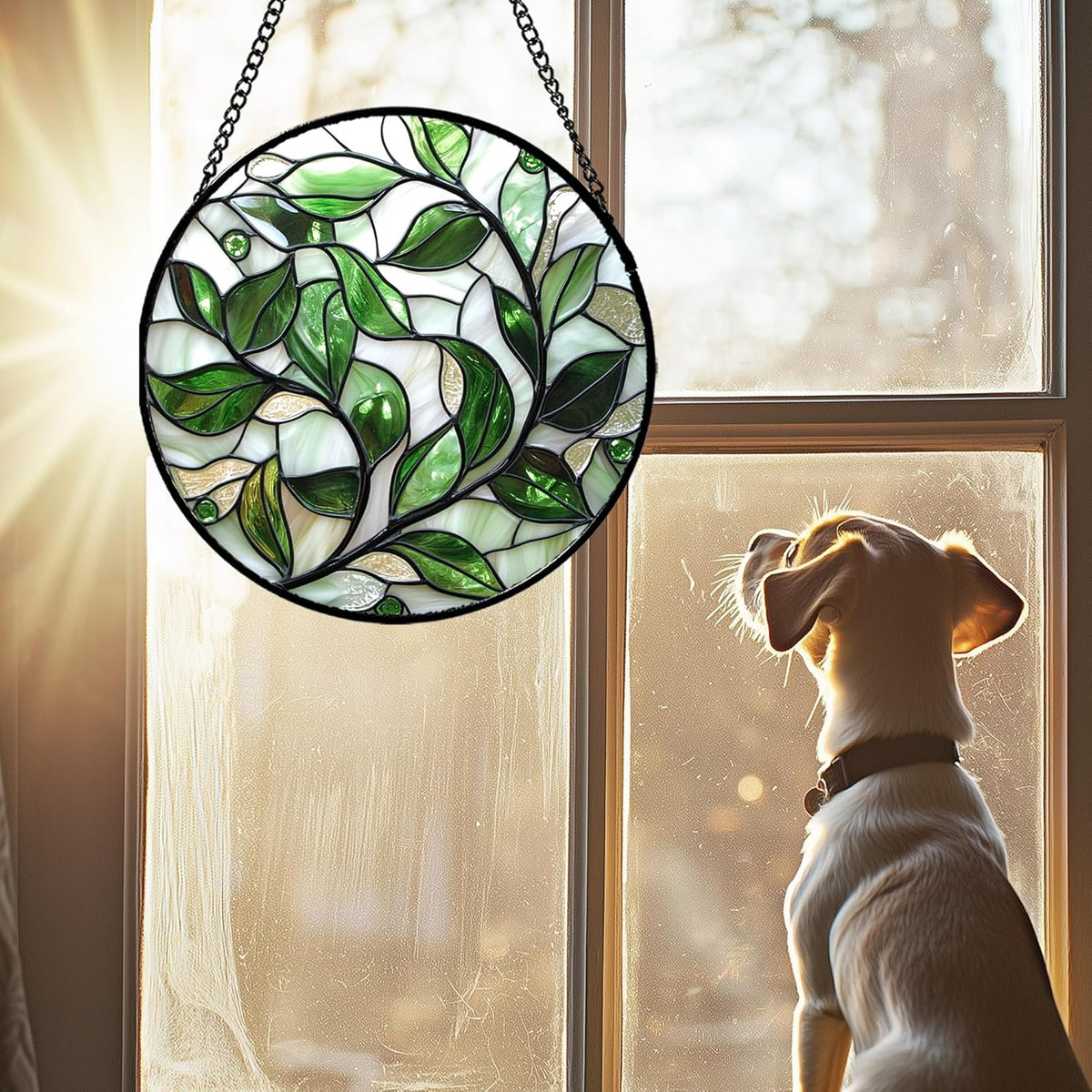Stained Glass Window Hanging - White Green Leaves Suncatcher for Doors Window Home Plant Sun