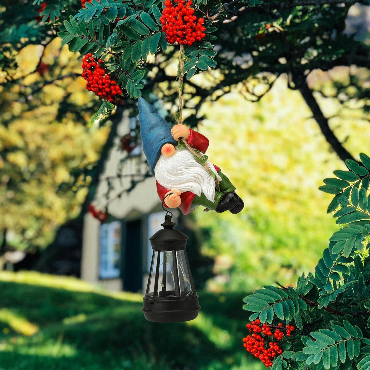 Solar Hanging Gnome Garden Statue Climbing Rope Gnome with LED Lantern Outdoor Decor Tree Hugger