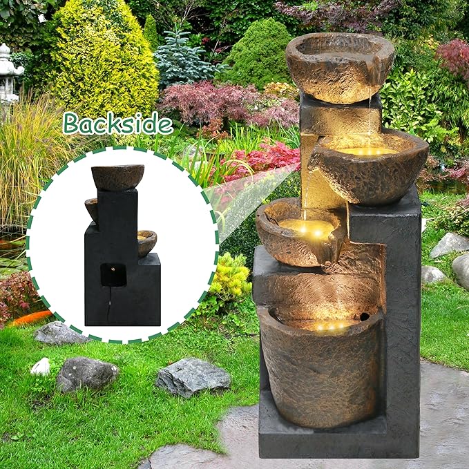 4-Tiers Cascading Bowls Outdoor Water Fountain with LED Light, Standing Cascading Water Feature