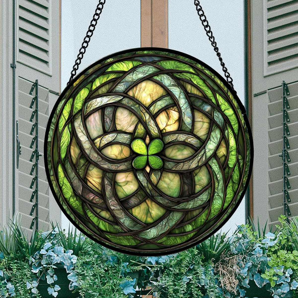 Stained Glass Window Hanging, Abstract Green Clover Sun Catchers Colorful Glass Panel Bless