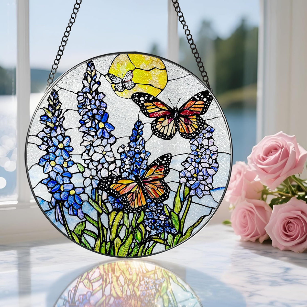 Stained Glass Window Hanging, 8 Inch Lavender & Butterfly Sun Catcher Decor, Stained Glass