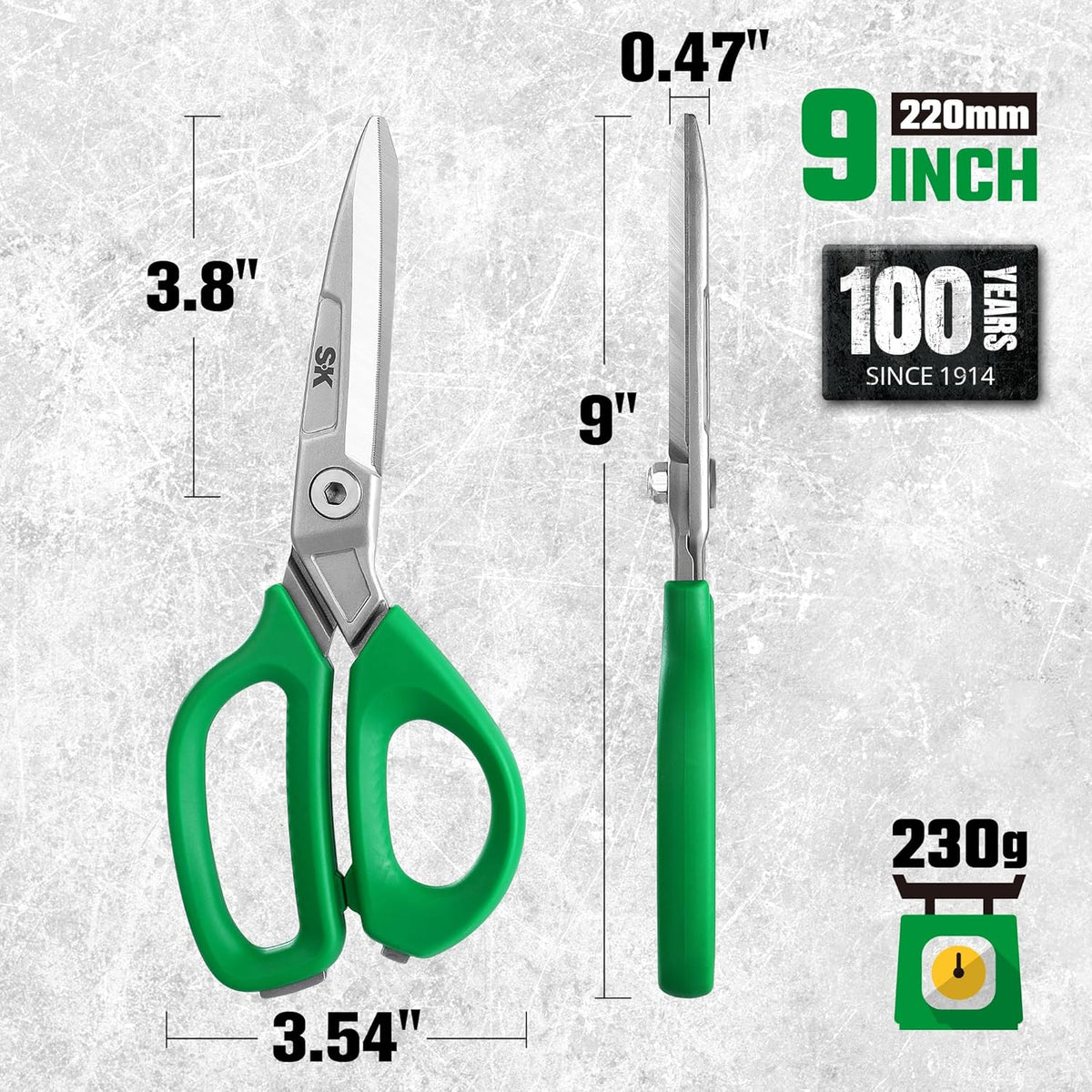 SK 9" Heavy Duty Scissors, All Purpose Shears, Premium CR-V Steel Construction, One Piece Drop