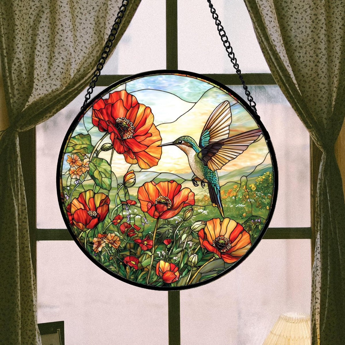 Stained Glass Window Hanging, Hummingbirds Orange Flowers Suncatcher Diamond Glass Panel Hangings