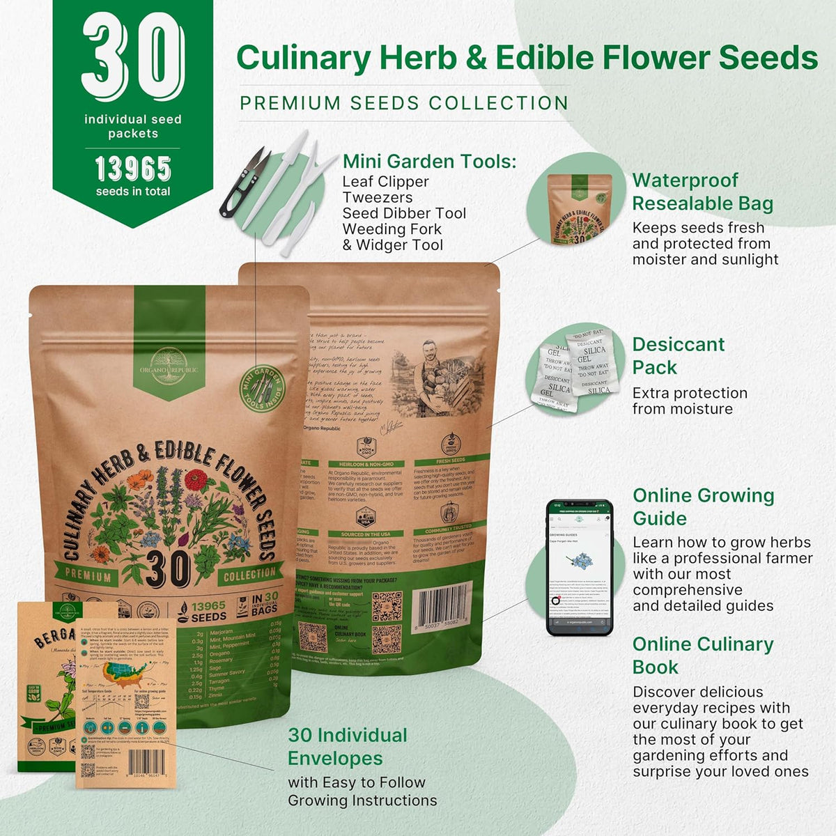 Organo Republic 30 Culinary Herbs & Edible Flower Seed Variety Pack- Indoor/Outdoor. 14000+ Non-GMO